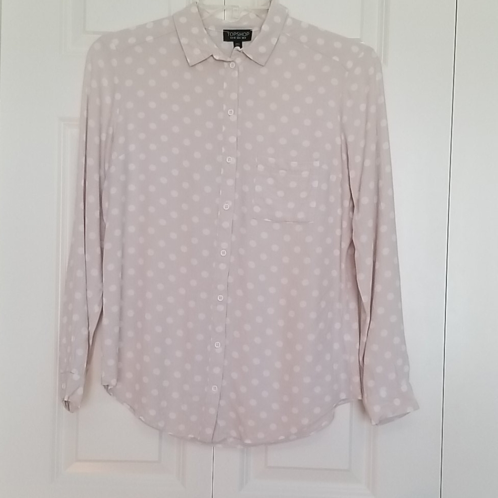 TOPSHOP pink with white polka dots button front long sleeve blouse SZ 8